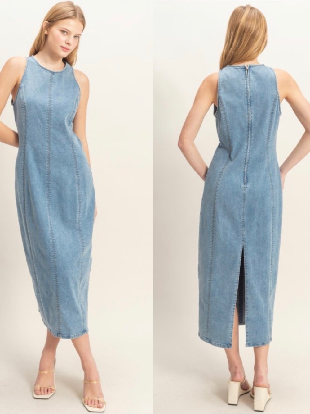 HYFVE Sleeveless Light Blue Denim Midi Stretchy Dress - Picture 1 of 1